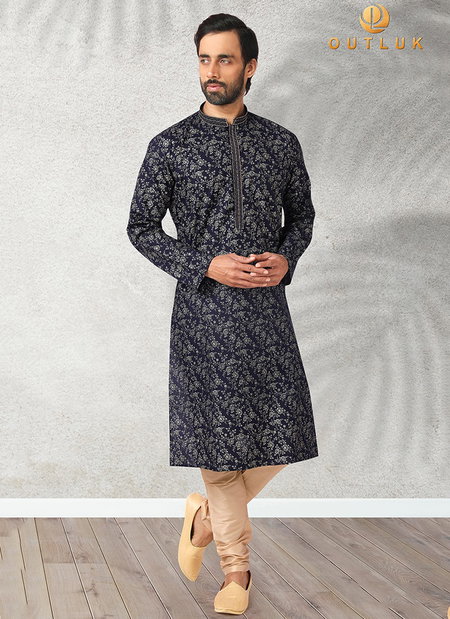 Dark Blue Outluk Vol 44 Function Wear Pure Cotton With Digital Print Kurta Pajama Mens Collection 44009